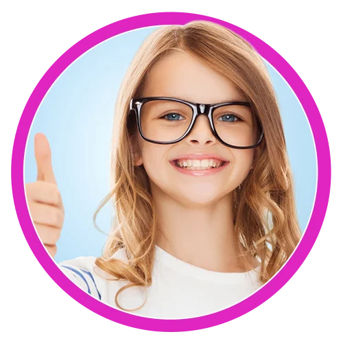 Pediatric Occupational Therapy Anchorage AK Happy Patient Circle A child wearing glasses, smiling and holding up their hand in a thumbs up