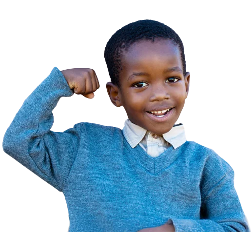 Pediatric Occupational Therapy Anchorage AK Strong Kid Cutout A young child smiling and lifting his arm in a gesture of strength
